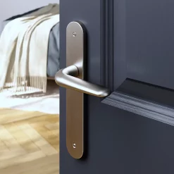 Castorama Ensemble Poignée Sur Plaque Droit GoodHome Mehaban Effet Nickel Satin Gris L.120mm X L.40mm Entraxe 195mm