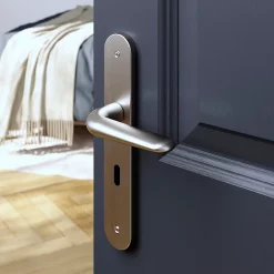 Castorama Ensemble Poignée Sur Plaque Droit Serrure GoodHome Mehaban Effet Nickel Satin Gris L.120mm X L.40mm Entraxe 195mm