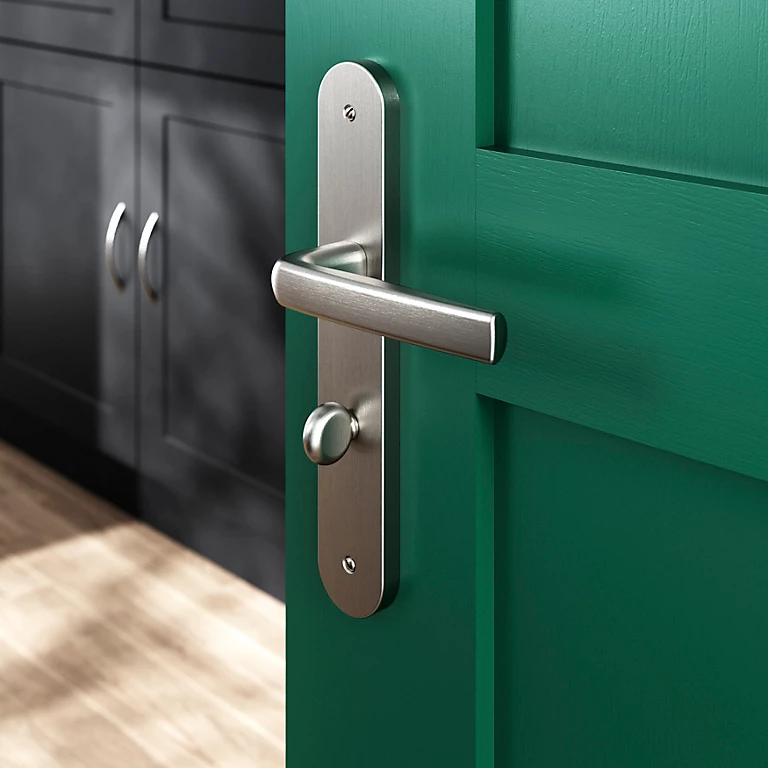 Castorama Ensemble Poignée Sur Plaque Incurvé à Condamnation GoodHome Primel Effet Nickel Satin Gris L.126mm X L.40mm Entraxe 195mm 1 Castorama Ensemble Poignée Sur Plaque Incurvé à Condamnation GoodHome Primel Effet Nickel Satin Gris L.126mm X L.40mm Entraxe 195mm