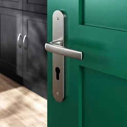 Castorama Ensemble Poignée Sur Plaque Incurvécylindre GoodHome Primel Effet Nickel Satin Gris L.126mm X L.40mm Entraxe 195mm