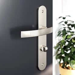 Castorama Ensemble Poignée Sur Plaque Rond à Condamnation GoodHome Diss Effet Nickel Satin Gris L.139mm X L.40mm Entraxe 195mm