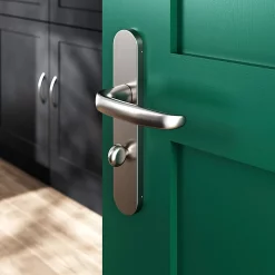 Castorama Ensemble Poignée Sur Plaque Rond à Condamnation GoodHome Govlin Effet Nickel Satin Gris L.130mm X L.42mm Entraxe 165-195mm