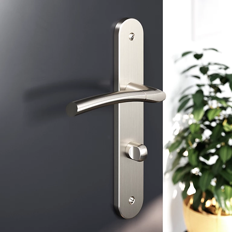 Castorama Ensemble Poignée Sur Plaque Rond à Condamnation GoodHome Hirel Effet Nickel Satin Gris L.128mm X L.40mm Entraxe 195mm 1 Castorama Ensemble Poignée Sur Plaque Rond à Condamnation GoodHome Hirel Effet Nickel Satin Gris L.128mm X L.40mm Entraxe 195mm