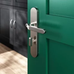 Castorama Ensemble Poignée Sur Plaque Rond à Condamnation GoodHome Prat Effet Nickel Satin Gris L.129mm X L.42mm Entraxe 165-195mm