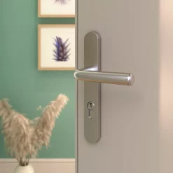 Castorama Ensemble Poignée Sur Plaque Rond GoodHome Dizel Effet Nickel Satin Gris L.121.5mm X L.33mm Entraxe 195mm