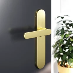 Castorama Ensemble Poignée Sur Plaque Rond GoodHome Minzh Effet Laiton Satin Doré L.120mm X L.42mm Entraxe 165-195mm