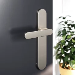 Castorama Ensemble Poignée Sur Plaque Rond GoodHome Minzh Effet Nickel Satin Gris L.120mm X L.42mm Entraxe 165-195mm