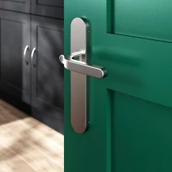 Castorama Ensemble Poignée Sur Plaque Rond GoodHome Prat Effet Nickel Satin Gris L.129mm X L.42mm Entraxe 165-195mm