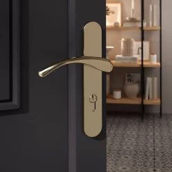 Castorama Ensemble Poignée Sur Plaque Rond GoodHome Ruis Effet Laiton Doré L.138.5mm X L.40mm Entraxe 195mm