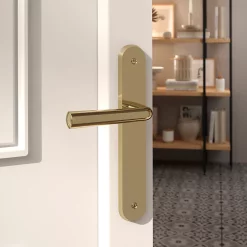 Castorama Ensemble Poignée Sur Plaque Rond GoodHome Tudy Effet Laiton Brillant Doré L.119mm X L.41mm Entraxe 195mm