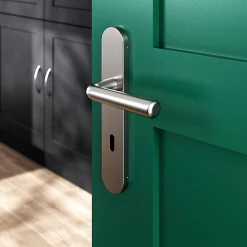 Castorama Ensemble Poignée Sur Plaque Rond Serrure GoodHome Dizel Effet Nickel Satin Gris L.121.5mm X L.42mm Entraxe 165-195mm