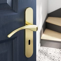 Castorama Ensemble Poignée Sur Plaque Rond Serrure GoodHome Ruis Effet Laiton Doré L.138.5mm X L.42mm Entraxe 165-195mm