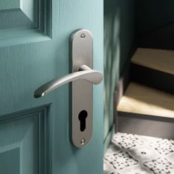 Castorama Ensemble Poignée Sur Plaque Rondcylindre GoodHome Beare Effet Nickel Satin Gris L.110.5mm X L.40mm Entraxe 165mm