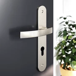 Castorama Ensemble Poignée Sur Plaque Rondcylindre GoodHome Diss Effet Nickel Satin Gris L.139mm X L.40mm Entraxe 195mm