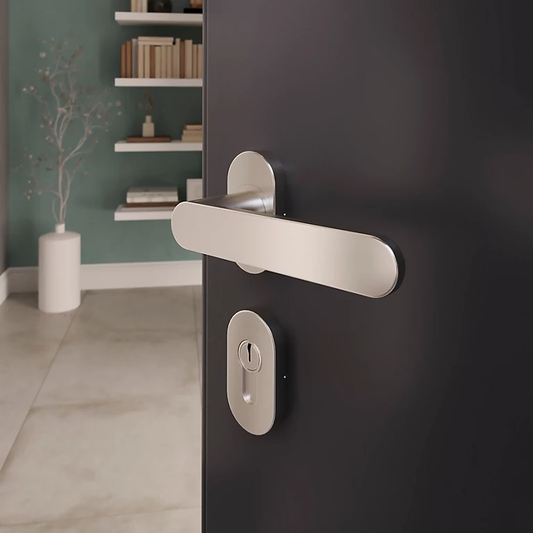 Castorama Ensemble Poignée Sur Rosace à Visser GoodHome Minzh Effet Nickel Satin Gris Ø63mm 1 Castorama Ensemble Poignée Sur Rosace à Visser GoodHome Minzh Effet Nickel Satin Gris Ø63mm