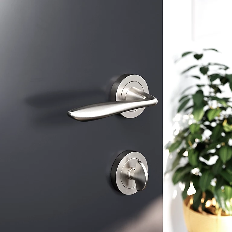 Castorama Ensemble Poignée Sur Rosace Incurvé à Visser GoodHome Meham Effet Nickel Satin Gris Ø52mm 1 Castorama Ensemble Poignée Sur Rosace Incurvé à Visser GoodHome Meham Effet Nickel Satin Gris Ø52mm