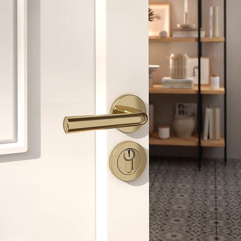 Castorama Ensemble Poignée Sur Rosace Rond à Pousser GoodHome Tudy Laiton Jaune Ø52mm 1 Castorama Ensemble Poignée Sur Rosace Rond à Pousser GoodHome Tudy Laiton Jaune Ø52mm