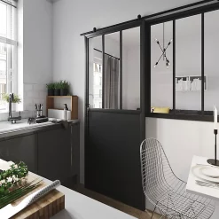 Castorama Ensemble Porte Coulissante Atelier Noire 3 Vitrages H.204 X L.83 Cm Et Système De Rail En Acier